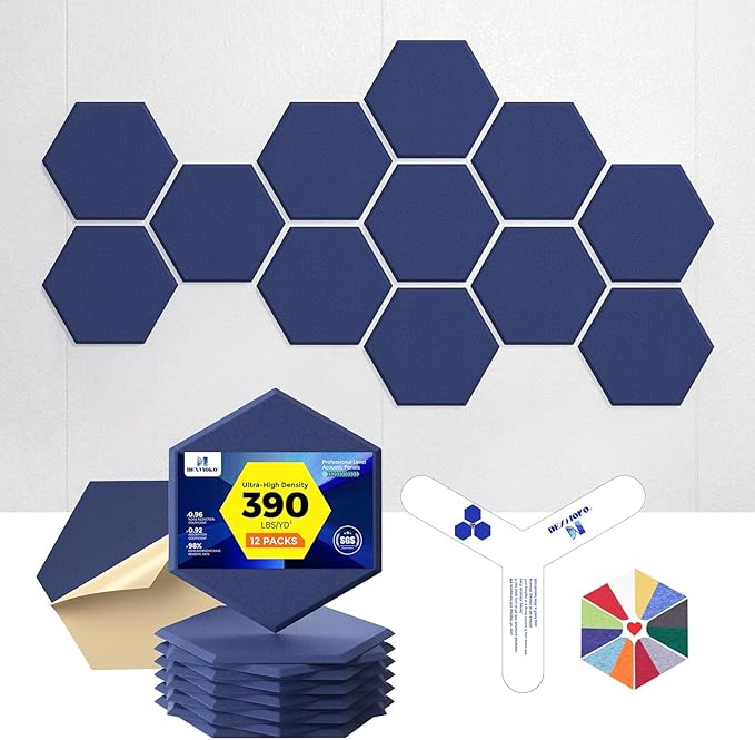 Self-Adhesive Acoustic Panels [390 lbs/yd³ Ultra-High Density], 2nd Generation Sound Absorbing Panel, Professional Level Sound Panel, Polyester Soundproof Foam [Size M, Dark Blue]