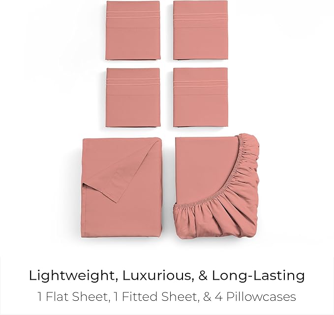 Mellanni King Sheet Set - 6-Piece Iconic Collection Bedding, (Including 4 Pillowcases), 16-Inch Deep Pocket, Easy Care, Extra Soft, Cooling Sheets, Brushed Microfiber - Coral