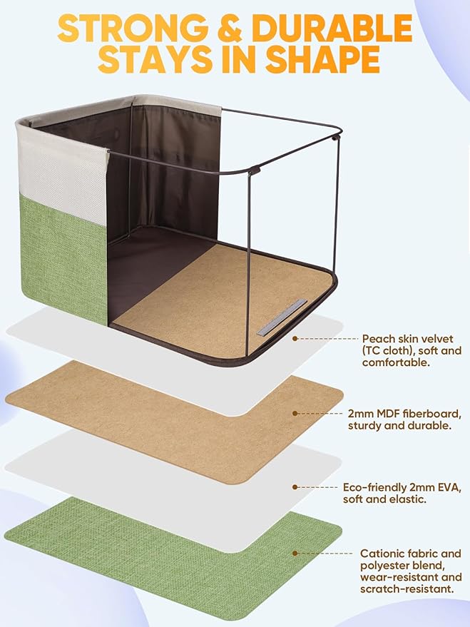 BALEINE 3 Pack Fabric Storage Bins for Shelves, Linen Storage Baskets for Organizing, Decorative Closet Bins for Clothes, Home (Green, 17''x13''x10.5'')