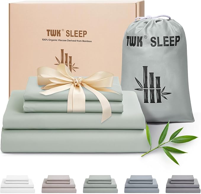 TWK Luxury Sheet Set, Genuine 100% Viscose Derived from Bamboo, Cooling & Breathable, Silky Soft, Bedding Sheets & Pillowcases (Sea Glass, Queen)