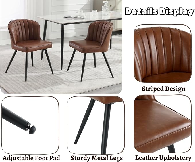 Ealson Modern Dining Chairs Set of 4 Leather Upholstered Accent Dining Room Chairs with Metal Legs Comfortable Armless Kitchen Chairs for Living/Dining Room, Brown