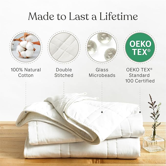 Baloo Weighted Blanket for Adults 20 lb (Pebble White, 60"x80") | Cool & 100% Cotton | Machine Washable & Dryer Safe | Glass Microbead Fill