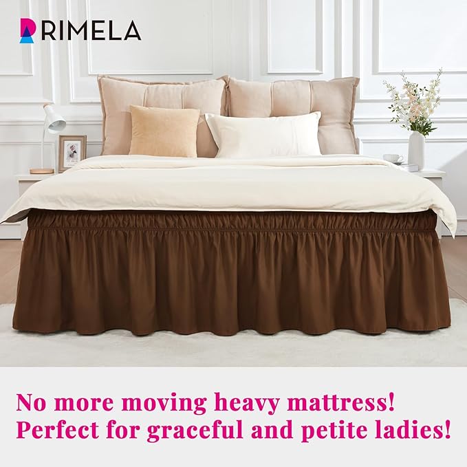 RIMELA Bed Skirt Queen Size 15 Inch Drop, Elastic Bed Skirting for Bed Base and Frame, Bedding Dust Ruffle Easy to Install, Wrap Around Adjustable Bedskirt, Chocolate Brown
