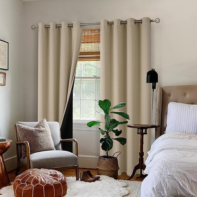 BGment Thermal Insulated 100% Blackout Curtains for Bedroom with Black Liner, Double Layer Full Room Darkening Noise Reducing Grommet Curtain (52 x 84 Inch, Sand, 2 Panels)