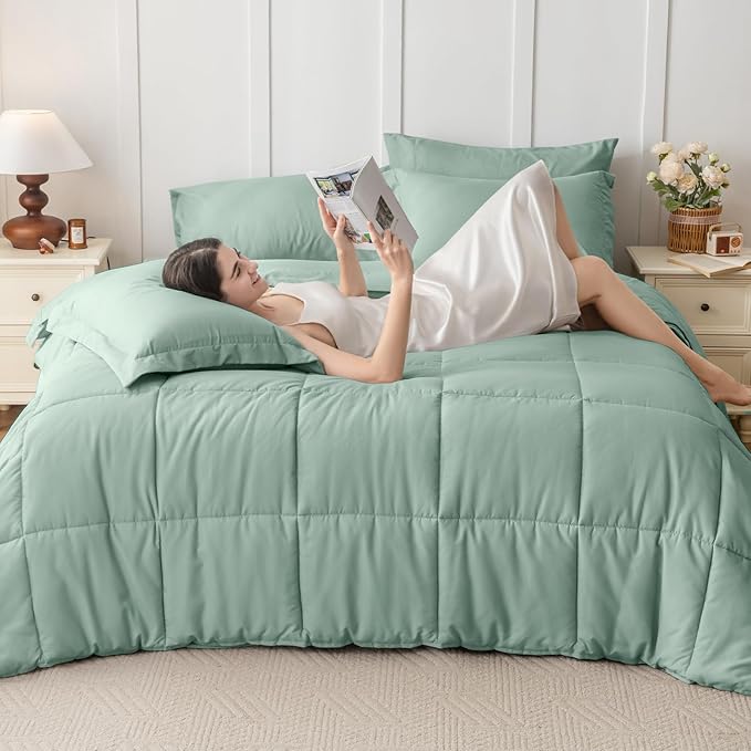 JOLLYVOGUE Full Comforter Set, Ultra-Soft Bed in a Bag Full Size 7 Pieces, Oeko-TEX Certified Bedding Set with Down Alternative Comforter, Sheets, Pillowcases & Shams, Sage Green