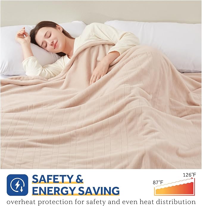 Sealy Electric Blanket King Size, Flannel Heated Blanket with10 Heating Levels & Auto Shut Off, Machine Washable, Beige, 100 x 90 Inch