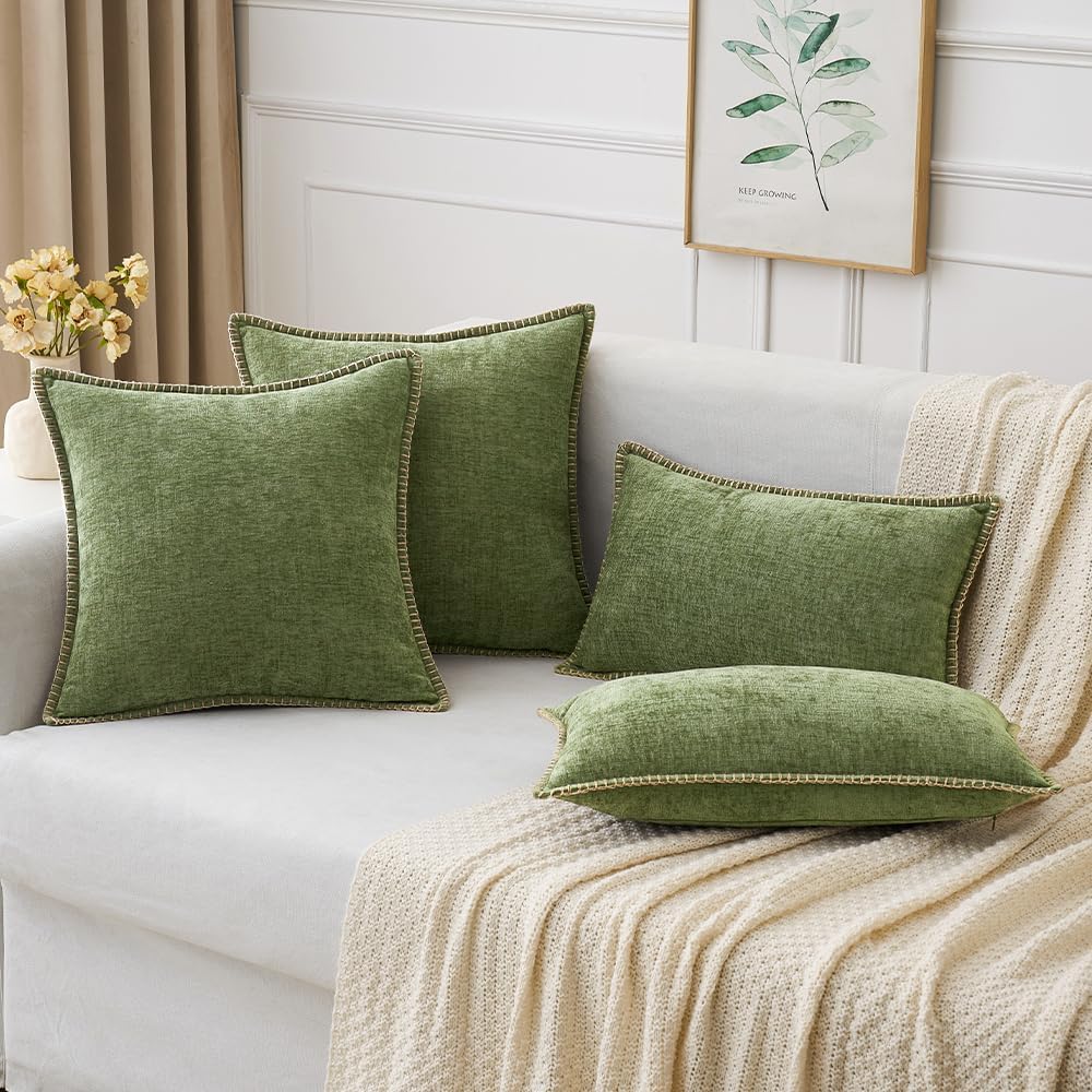 MIULEE Pack of 2 Couch Throw Pillow Covers 24x24 Inch Sage Green Farmhouse Decorative Pillow Covers with Stitched Edge Soft Chenille Solid Dyed Spring Pillow Covers for Sofa Bed Living Room