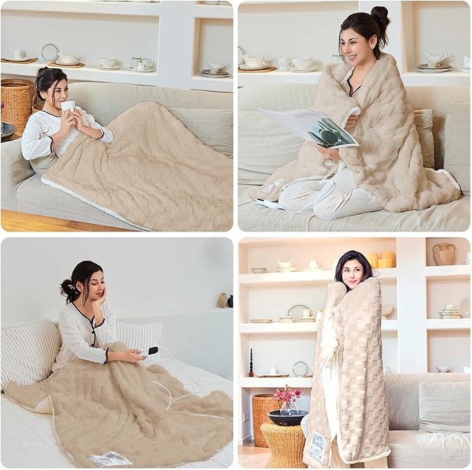 Electric Blanket Throw - Soft Checked Flannel with 6 Heating Levels, 4 Hours Auto-Off, Fast Heating, ETL & FCC Certified, 50"x60", Overheating Protection, Cozy Heated Blanket Throw（Khaki）
