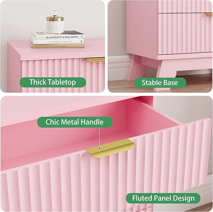 Fluted Nightstand, 24" Wide Side Table with 3 Large Storage Drawers, Mid Century Modern Wood Night Stand with Metal Handle, Wooden Bedside End Table for Bedroom, Living Room, Closet, Pink