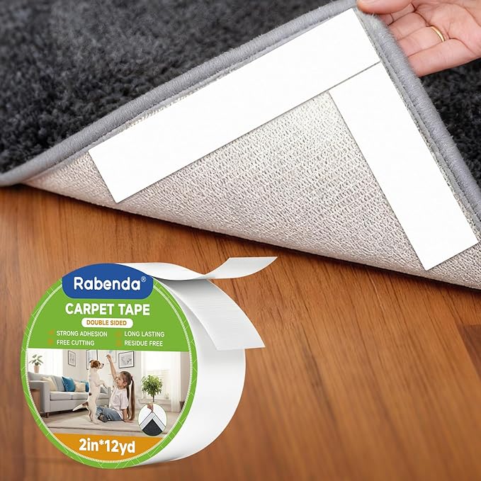 Rabenda Double Sided Carpet Tape - 2 Inch x 12 Yards Removable Rug Tape for Hardwood Floors, Tile & Laminate - No Residue Strong Hold Anti Slip Gripper for Area Rugs, Mats & Carpets