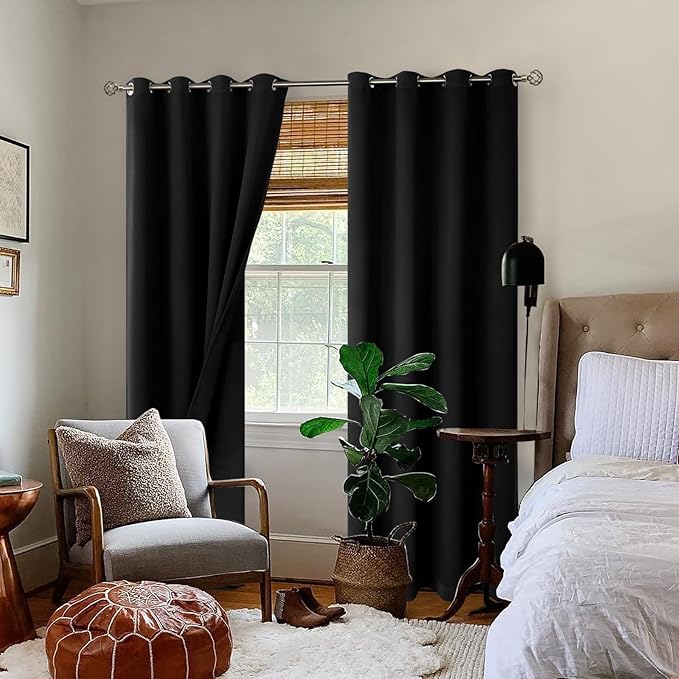 BGment Thermal Insulated 100% Blackout Curtains for Bedroom with Black Liner, Double Layer Full Room Darkening Noise Reducing Grommet Curtain (52 x 90 Inch, Black, 2 Panels)