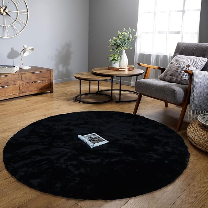 Latepis Round Area Rugs 6ft Black Carpet for Bedroom Washable Shaggy Rug Faux Rabbit Fur Fluffy Shag Rugs Large Circle Rug for Living Room Nursery Playroom
