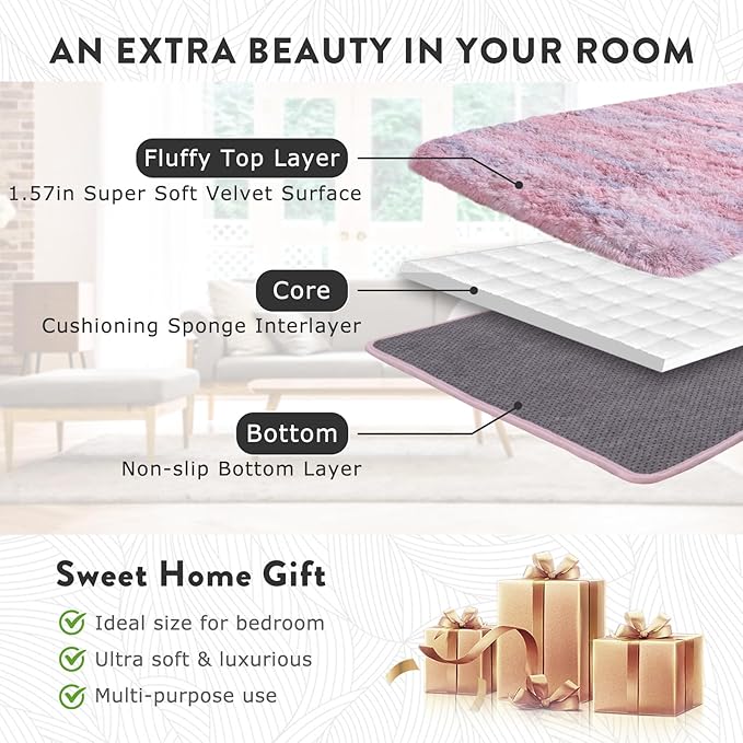 Fluffy Rugs for Bedroom Living Room, 4x6 Feet Abstract Pink Shag Area Rugs, Non-Slip Indoor Modern Fuzzy Plush Floor Carpet for Dorm Nursery Kids Room Decor, Soft Shaggy Throw Rug
