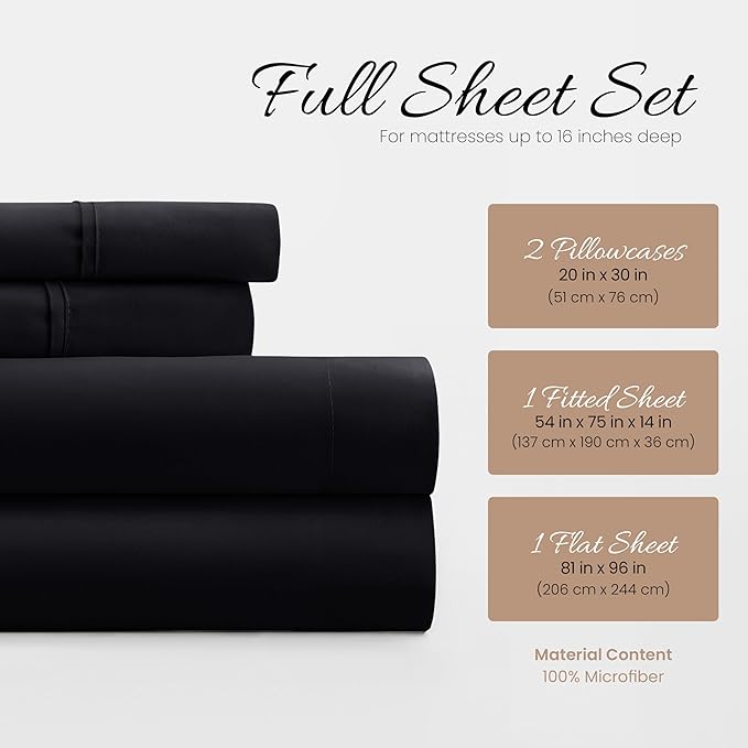 Linen Market Brushed Microfiber Full Sheet Set 4 Piece – Oeko-TEX Certified Ultra Soft & Wrinkle-Free - 16" Deep Pocket Sheets - Easy Care Full Size - Black