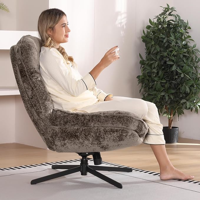 360°Free Swivel Accent Chair Set of 2 for Living Room, Slightly 20°Rocking, 24" High Backrest Upholstered Armchair, Ergonomic Design, Chenille Breathable Soft Fabric Modern Single Sofa, Brown