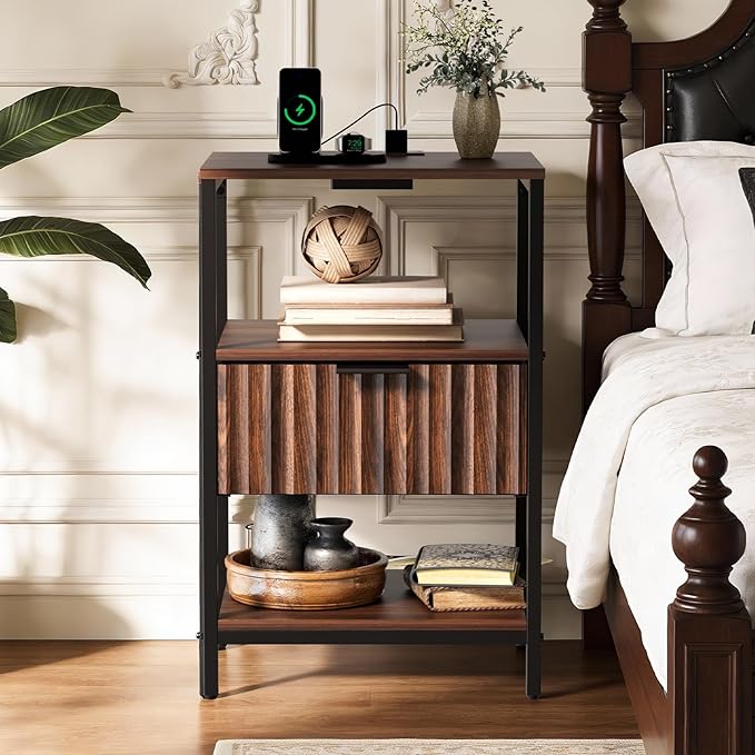 VINGLI Nightstands Set of 2, Walnut Nightstand with Charging Station, Night Stands Fluted Fabric Drawer, Bedside Tables/End Tables with Charger Station, Side Table Bedroom, Small Night Stand