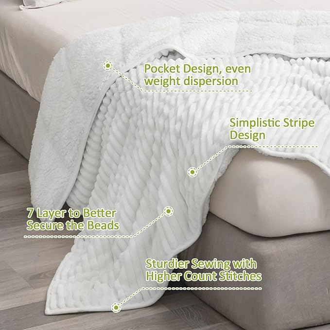 Uttermara Weighted Blanket for Adults Queen Size 20lbs, Striped Ribbed Fuzzy Heavy Blanket, Dual-Sided Ultra Cozy Sherpa & Super Soft Flannel for Sleep, 60x80 Inches, White