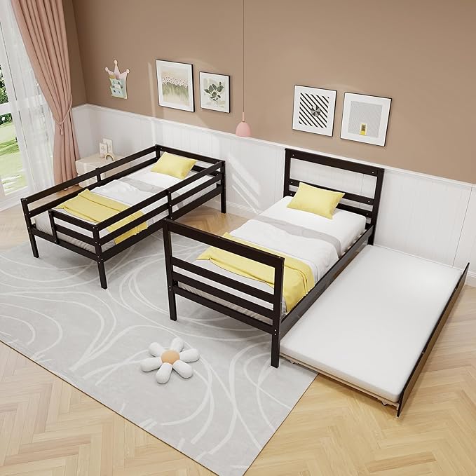 KOTEK Twin Over Twin Bunk Bed with Trundle and Stairs, Solid Wood Bunk Bed Frame with Storage Shelf, Bunk Beds Detachable into 2 Platform Beds for Kids Teens Adults (Espresso)