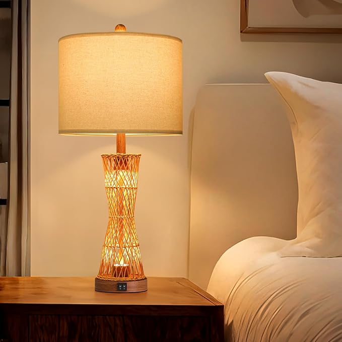 OYEARS 27" Table Lamps Set of 2 with Rattan & Dual Lights, Boho Lamps for Nightstands, Bedside Lamps for Bedroom, Nightstand Lamp for Living Room, Farmhouse Table Lamp for Office & Study