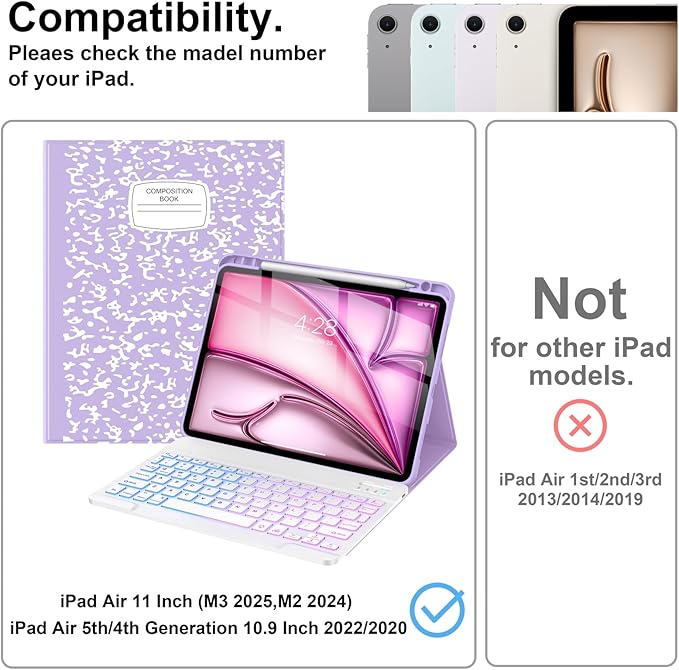 Supveco Keyboard Case for iPad Air 11 Inch (M3 2025,M2 2024),iPad Air 5th/4th Generation with Pencil Holder-7 Colors Backlit Wireless Detachable Folio Keyboard Cover with Soft TPU Back-Lilac