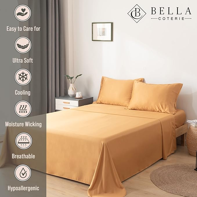 Bella Coterie Luxury Bamboo Viscose King Size Sheet Set | 100% Organically Grown | Ultra Soft | Cooling for Hot Sleepers | 18" Deep Pocket [Marigold]
