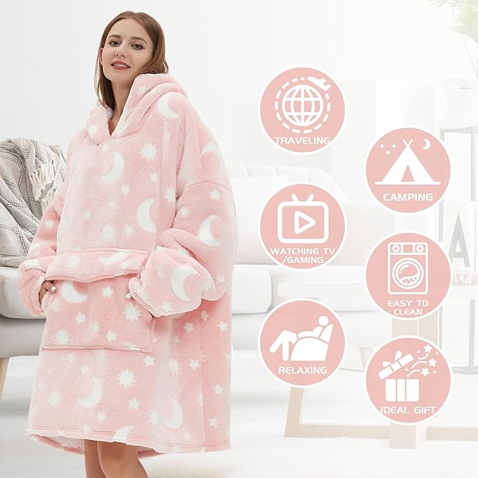 Glow in The Dark Wearable Blanket Hoodie for Adult,Oversized Sherpa Fleece Blanket Hoodie for Women Men,Luminous Moon and Stars