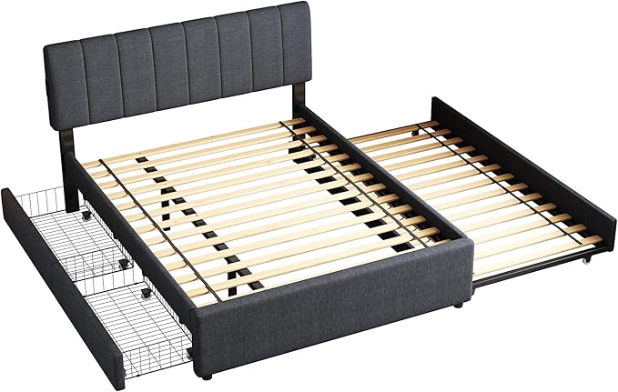 Full Size Upholstered Platform Bed with Trundle & 2 Drawers and 1 Sets of USB, Linen Fabric Full and Twin Double Bed w/LED Lights with APP for Bedroom,Dark Gray