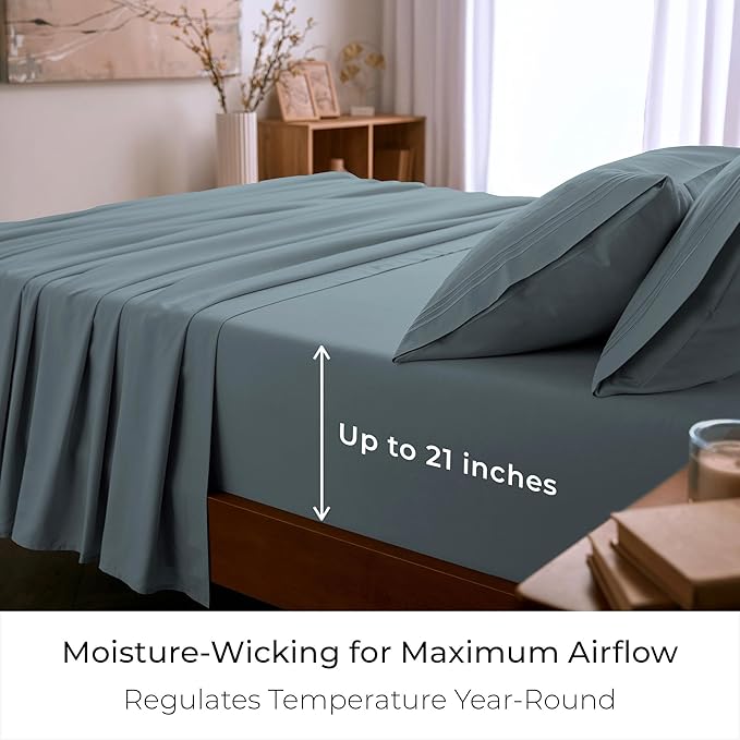 Mellanni California King Sheet Set - 6-Piece Iconic Collection Bedding, (Including 4 Pillowcases), 21-Inch Extra Deep Pocket, Easy Care, Ultra Soft, Cooling Sheets, Brushed Microfiber - Spa Blue