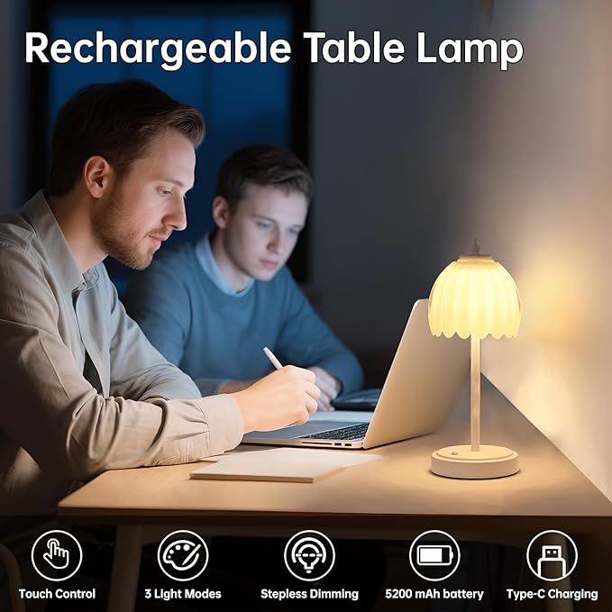 Tulip Table Lamp with 5200mAh Battery & Touch Control, Cordless Small Table Lamp with 3 Colors, Dimmable Rechargeable Table Lamps for Living Room, Bedroom, Bedside (White Tulip & White Base)