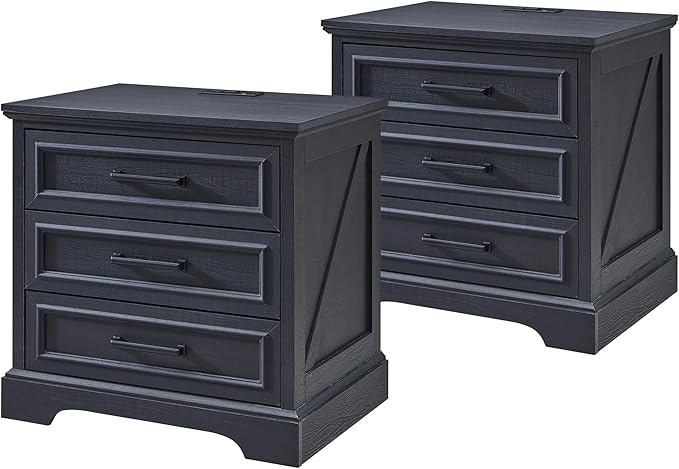 ACCOHOHO Farmhouse Nightstands Set of 2, 22 Inch Wide End Table with Charging Station & 3 Large Drawers, Rustic Wood Small Dresser Chest of Drawers for Bedroom, Living Room, Black