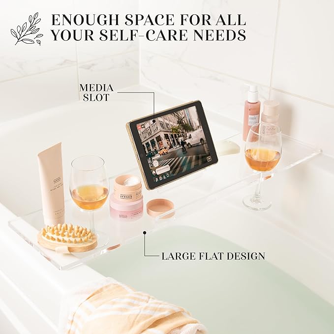 36" Supreme Plus- Luxury Bathtub Tray Caddy- 3/8" Thick, Clear Bath Tub Tray Table for 1 or 2 Bathers, Acrylic Bathtub Caddy, iPad and 2 Wine Glass Holders (Supreme Plus, 36")