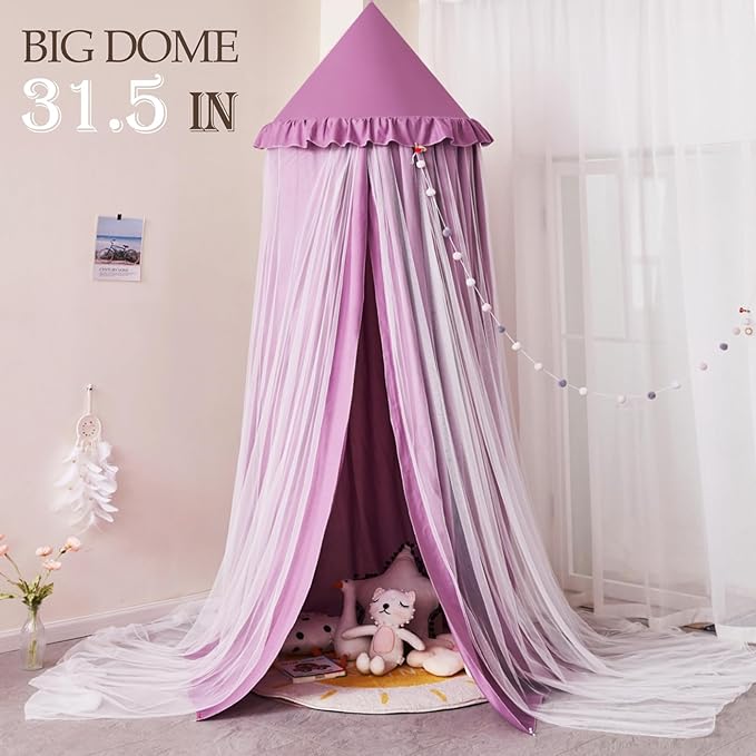Kertnic 31.5inch Large Dome Bed Canopy for Girls, Double Layer Dreamy Ruffle Princess Canopy, Bedroom Hanging Tent Kids Reading Nook Canopies,Full Queen Bed Canopy Curtain (Dark Magenta-Purple)
