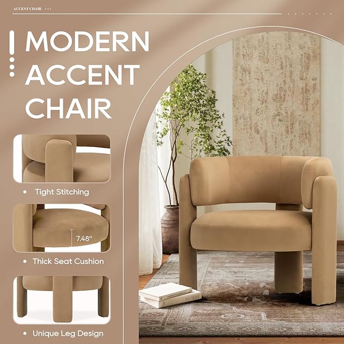 COLAMY Modern Velvet Accent Chair, Upholstered Barrel Chair, Comfy Side Arm Chair with 3 Legs for Living Room, Bedroom, Reading, Khaki