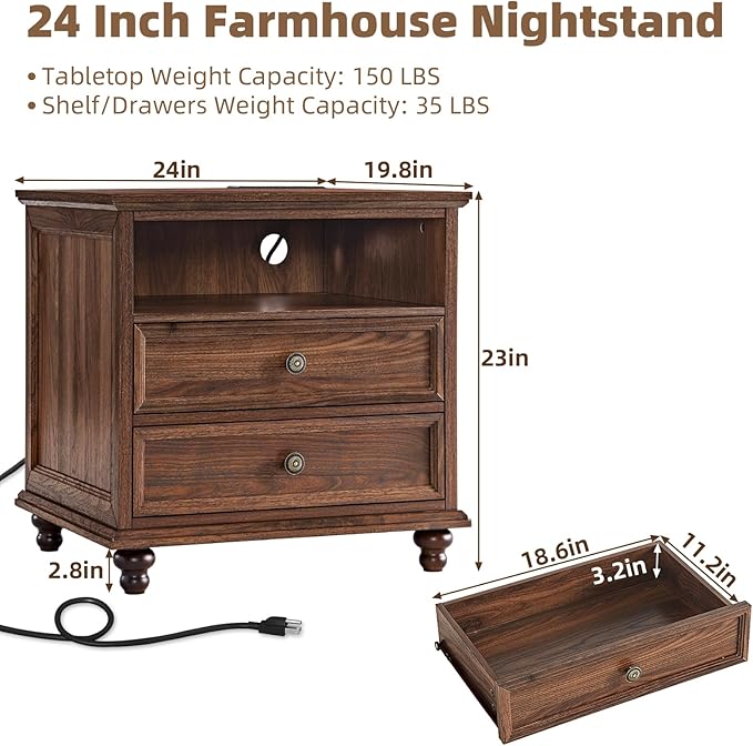 24" Wide Farmhouse Nightstand Set of 2 with Charging Station,End Table with 2 Drawers,Brown Wood Dresser for Bedroom Cabinet, Bed Side Table Chest of Drawers, Night Stand for Living Room