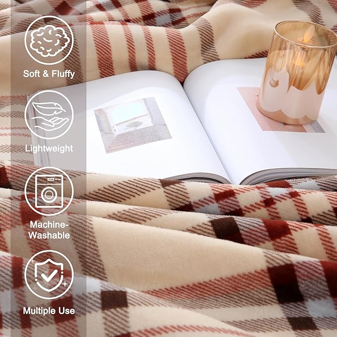 Sherpa Blanket Throw Blanket for Couch Sherpa Fleece Blanket Fluffy Checkered Soft Blanket for All Season Use Cozy Thick Warm Big Throws (Beige-Plaid, 80"*90")
