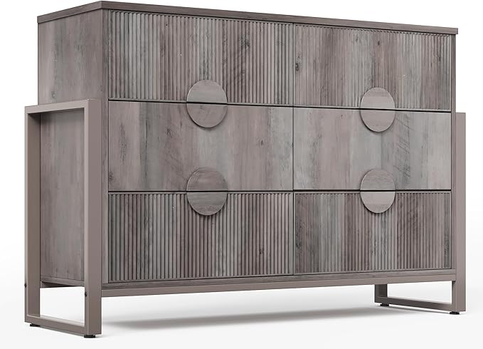 LGHM Fluted Dresser for Bedroom with 6 Drawers, Modern 6 Drawers Dressers with Semicylinder Fluted, Solid Chest of Drawers, 50" W Dresser with Bold Steel Frame, Metal Handles, Gray
