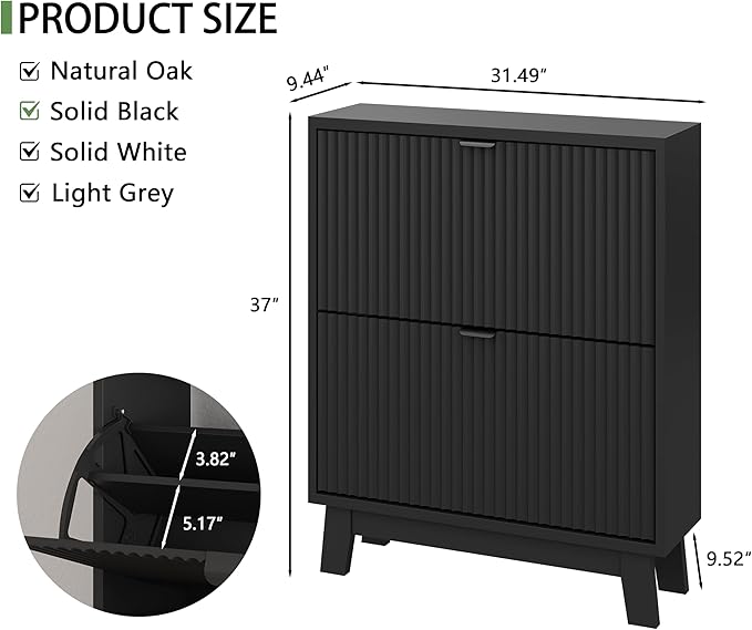 Shoe Cabinet with 2 Flip Drawers, 37" Tall Narrow Fluted Shoe Storage Organizer for Entryway, Hidden Slim Wooden Shoe Rack Cabinet for Front Door Entrance, Hallway, Living Room, Solid Black