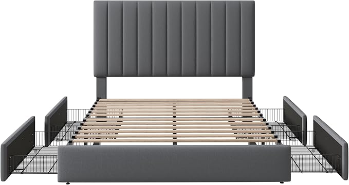Allewie Queen Size Storage Bed Frame, Vertical Channel Tufted Adjustable Headboard, Velvet Upholstered Platform Bed with 4 Oversized Underbed Drawers, Wooden Slats Support, No Box Spring Needed, Grey