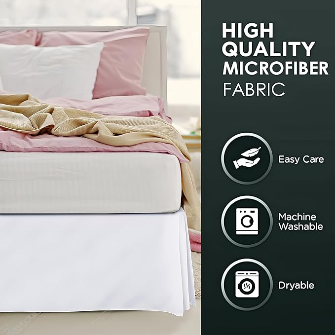 Pleated Bed Skirt Queen Size, 21" Drop with Platform Design for Secure Fit, Split Corners, Wrinkle-Resistant Microfiber for Modern Stylish Look, Tailored Bedding for Hotel Luxury - White