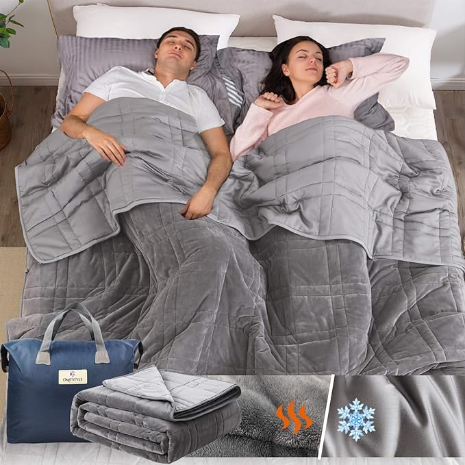 OMYSTYLE 25lb Weighted Blanket Queen Size for Adult(80''x87'', Double-Sided), Warm Short Plush and Cool Tencel Fabric Reversible Weighted Blanket for Adult - Carry Bag Included