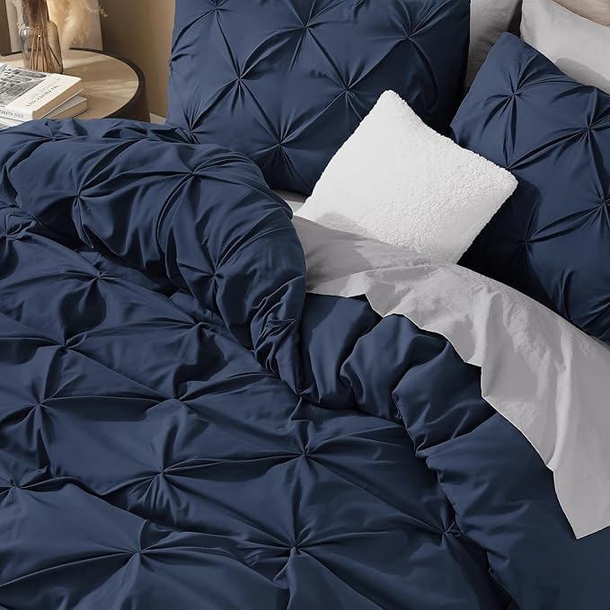 Litanika Navy Blue Pinch Pleat Duvet Cover King, 3 Pieces Pintuck Cover Soft Microfiber Bedding Set with Zipper Closure & Corner Ties(104x90Inch-1 Duvet Cover, 2 Pillowcases)