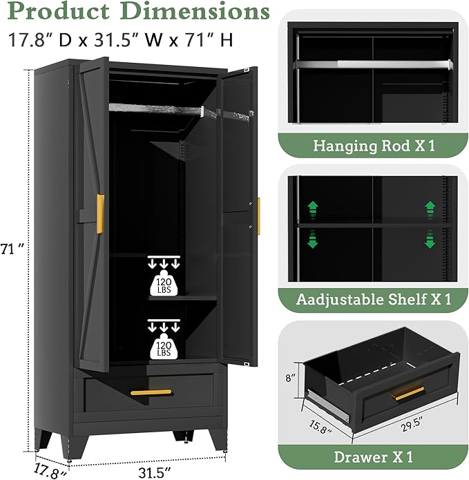 Metal Armoire Wardrobe Closet,71" Tall Black Storage Cabinet with Hanging Rod,2 Drawers & Adjustable Shelves,Heavy-Duty Steel Wardrobe for Bedroom, Garage, and Office
