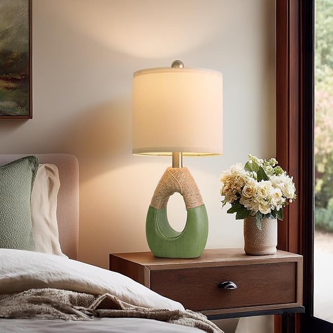 OYEARS 19" Table Lamps Set of 2, Bedside Lamps for Living Room, Lamps for Bedroom, Farmhouse Rattan Table Lamp, Small Space Nightstand Lighting, Rustic Home Office Decor (Green, Bulb Not Included)