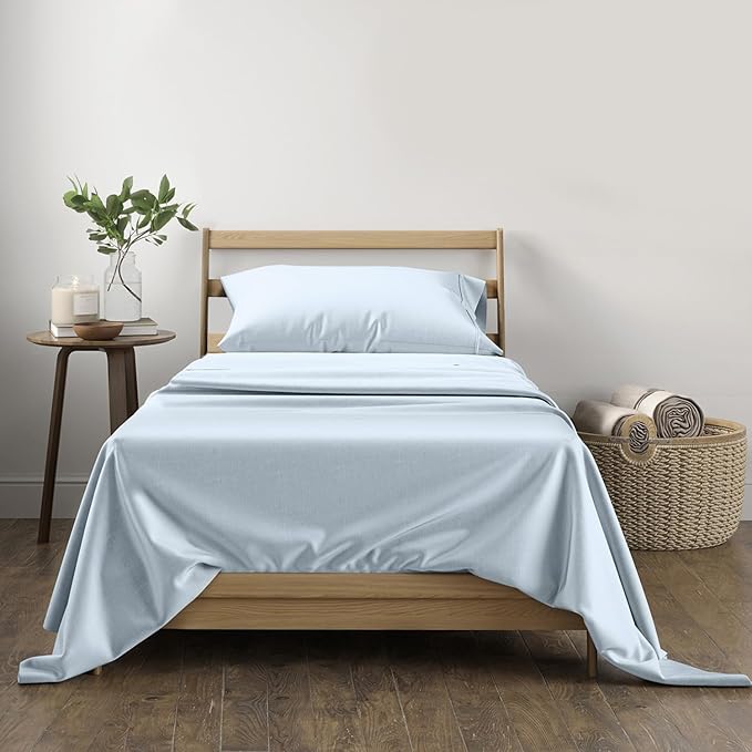 Thread Spread 100% Cotton Bed Sheets Twin XL Set - 400 Thread Count Cotton Twin XL Sheets Only, 3 PC Set (Light Blue), Soft, Breathable, Cooling, Sateen Weave 16" Deep Pocket Bedsheet for Hot Sleepers