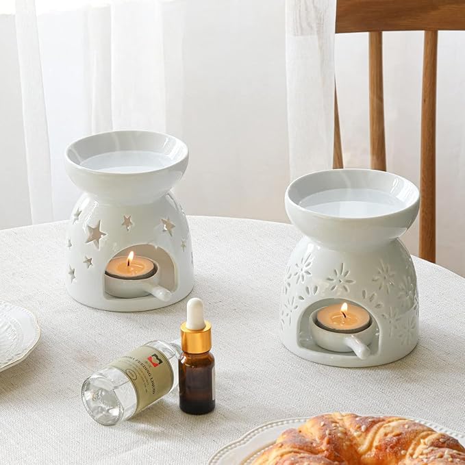 HwaGui Ceramic Tea Light Holder,Aromatherapy Oil Burner Candle Warmers Home Decoration Romantic White Star Pattern, 2PCS