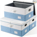 PRANDOM Collapsible Storage Bins with Lids [3-Pack] Linen Fabric Foldable Storage Boxes Organizer Containers Baskets Cubes with Cover for Bedroom Closet Nursery Blue&White (23.4X15.9X11.4)