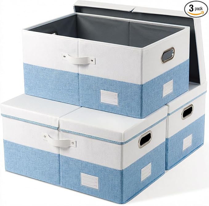 PRANDOM Collapsible Storage Bins with Lids [3-Pack] Linen Fabric Foldable Storage Boxes Organizer Containers Baskets Cubes with Cover for Bedroom Closet Nursery Blue&White (23.4X15.9X11.4)