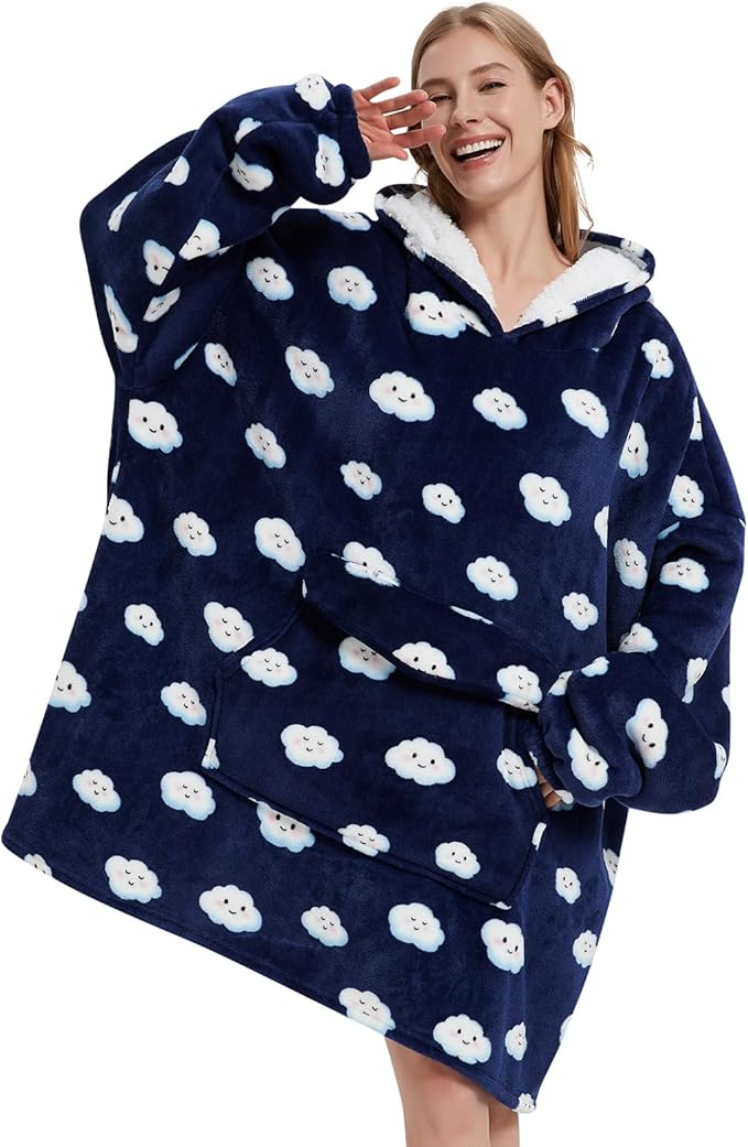 Wearable Blanket Hoodie for Adult,Oversized Sherpa Fleece Blanket Hoodie for Women Men,Navy Blue Cloud