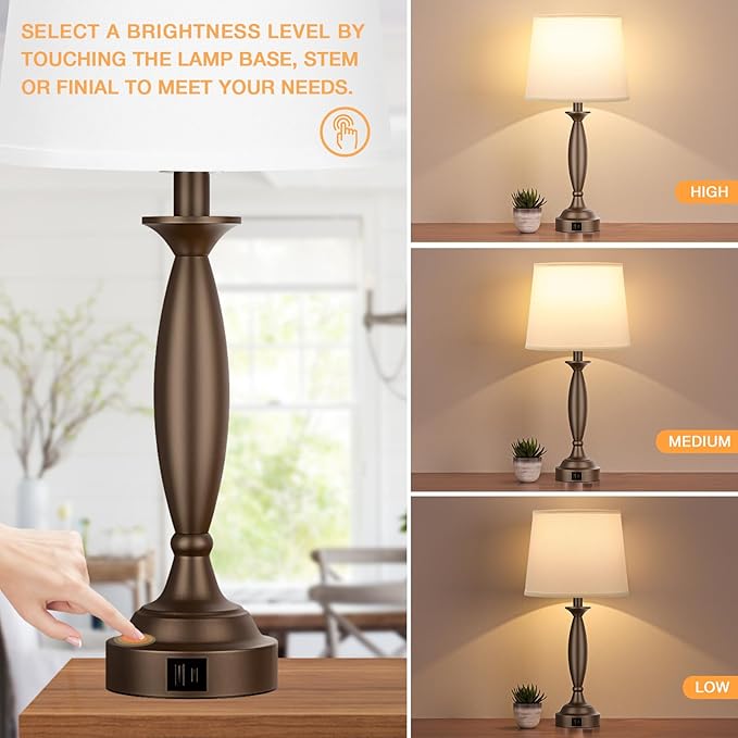 Seealle White Brown Lamps for Bedrooms Set of 2 - Touch Control Bedside Lamp with USB C+A, 3 Way Dimmable Nightstand Lamps with USB Port, Table Lamp for Living Room(White Shade and Brown Base)