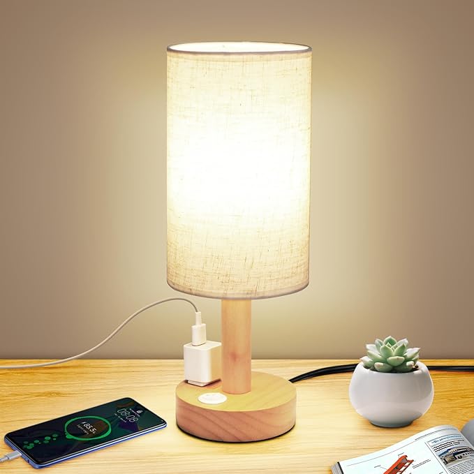 Small Bedside Table Lamp with AC Outlet,Natural Round Wood Base&Fabric Linen Shade,Cozy Night Table Light for Study Reading,Minimalist Boho Desk Lamp for Nightstand,Living Room,Nursery,Kitchen,Dorm